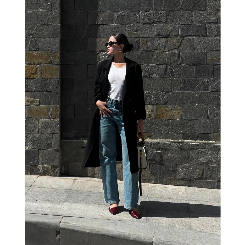 Quần jeans suông phiên bản mới màu xanh có nút điều chỉnh thắt eo - là min - STRAIGHT-LEG BUTTON JEANS