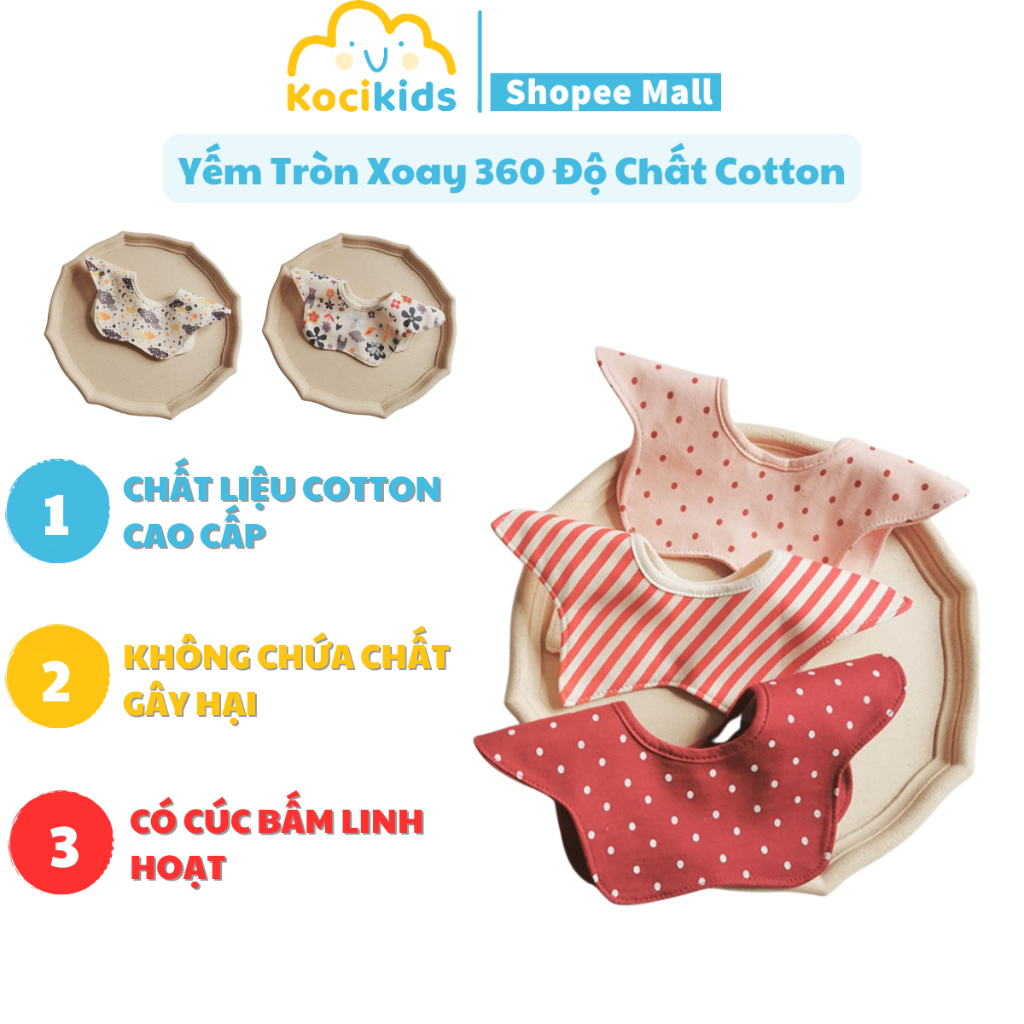 Yếm tròn xoay 360 độ cho bé làm từ cotton mềm mịn, thấm hút tốt phù hợp cho bé từ 0-3 tuổi