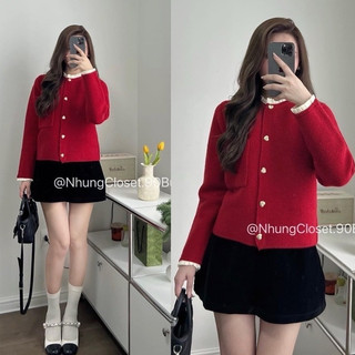 Aó len ép cổ bèo xếp ly cúc tim một túi ngực, áo len cardigan kiểu nữ cổ phối xếp ly tay bèo cúc tim dáng thường