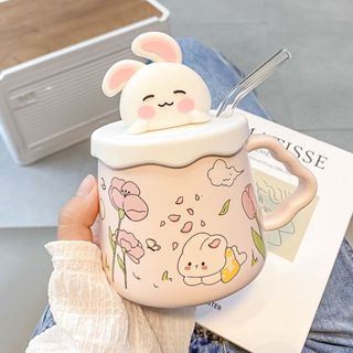 Cốc uống nước cốc sứ hình thỏ dễ thương làm quà sinh nhật quà tặng 420ml+Ống hút thuỷ tinh TTB 02