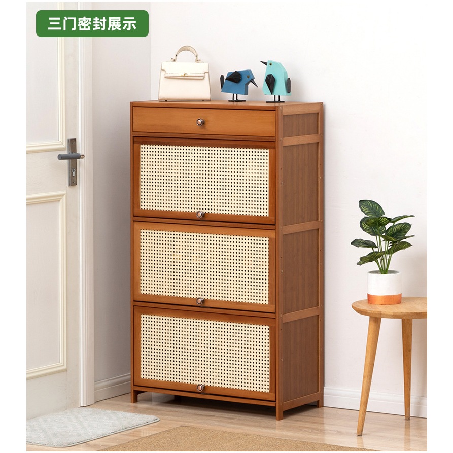 Tủ giày gỗ tre cửa mây tre đan Vintage cổ điển decor nhà đẹp - Kệ để giày dép, Tủ giày dép thông minh nhiều ngăn