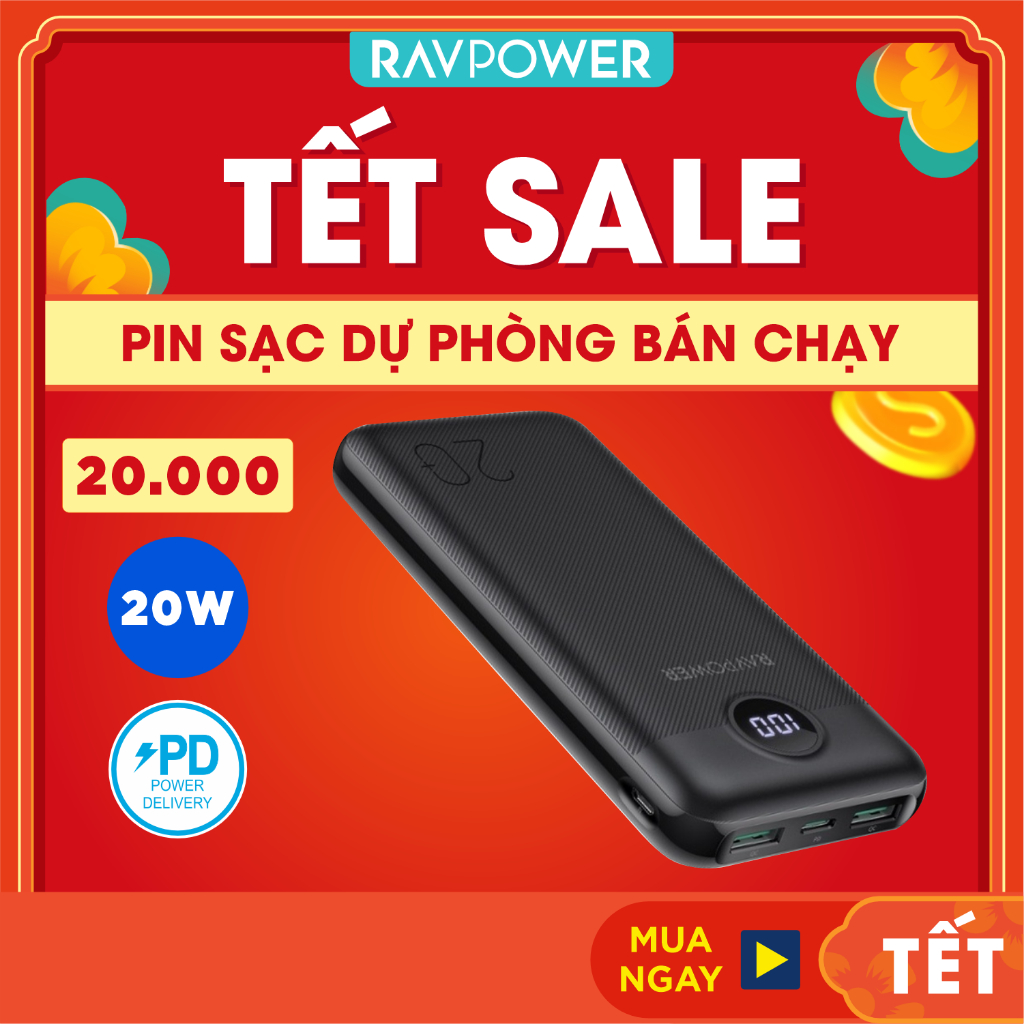 Pin Sạc Dự Phòng 20000mAh Sạc Nhanh PD 20W QC 18W RAVPower RP-PB1205 - Hàng Chính Hãng