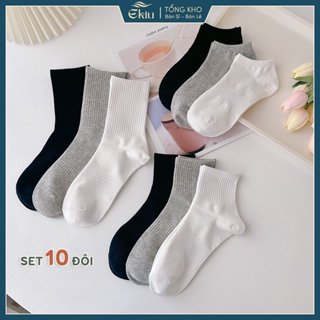 COMBO tất vớ nam nữ trơn mầu sắc trung tính basic, chất liệu cotton co giãn thoáng khí - Ekiu Shop