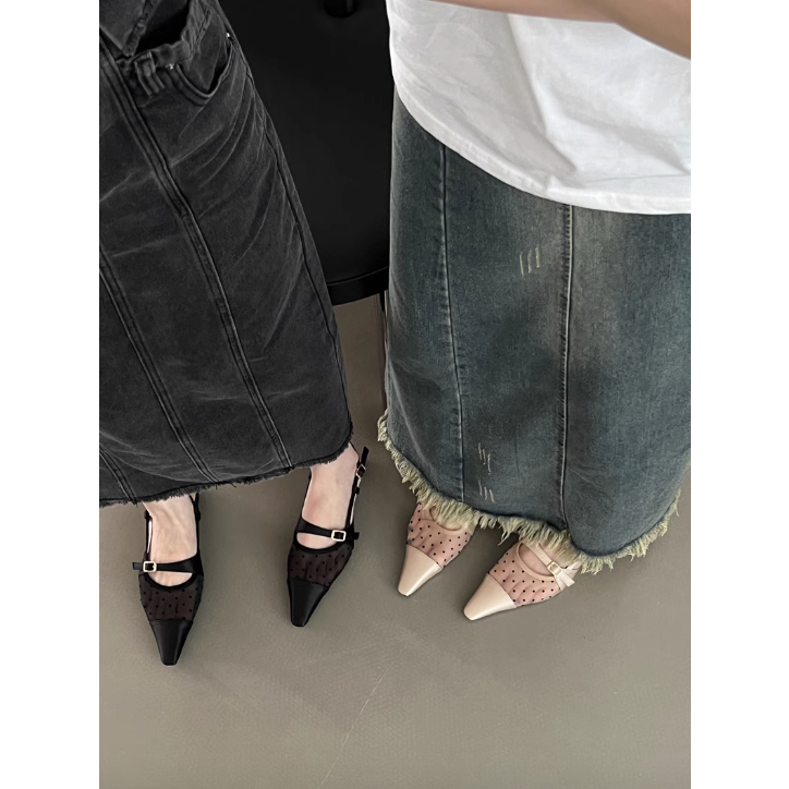 Giày sandal nữ mùa hè quai mảnh đan gót bệt dễ mang quai hậu hở mũi 2023