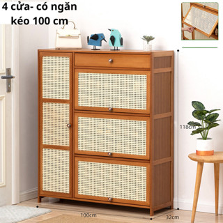 Tủ đựng giày dép gỗ tre cửa lật cửa nhựa giả mây tre đan 3, 4 ngăn, kệ giày dép đa năng, giá đựng giày dép gỗ