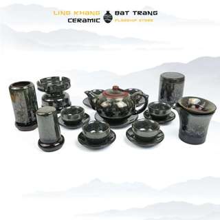 Bộ Ấm Chén Tử Sa Ngọc Thạch Búp Sen Nhỏ 300ml Gốm Sứ Bát Tràng Linh Khang Men Hỏa Biến của nghệ nhân Vương Mạnh Tuấn