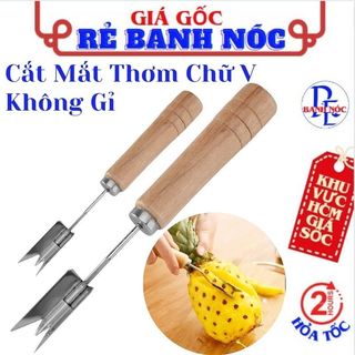 Dụng cụ cắt mắt thơm chữ v cán gỗ - dao gọt mắt dứa thơm khóm thép không rỉ , dao gọt thơm mắt dứa siêu nhanh