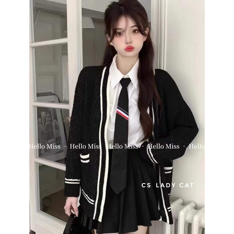 Set áo len cardigan Thome đen mix sơmi cavat và chân váy