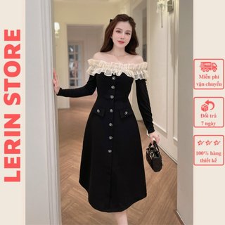 Váy Tiểu Thư Dáng Dài Đầm Đẹp Trễ Vai Phối Bèo_LERIN V521