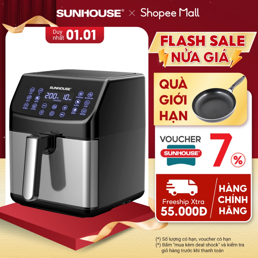 Nồi chiên không dầu 6L Sunhouse SHD4087 dung tích 6L - Cảm ứng 12 chức năng - Cài đặt thời gian, nhiệt độ chính xác