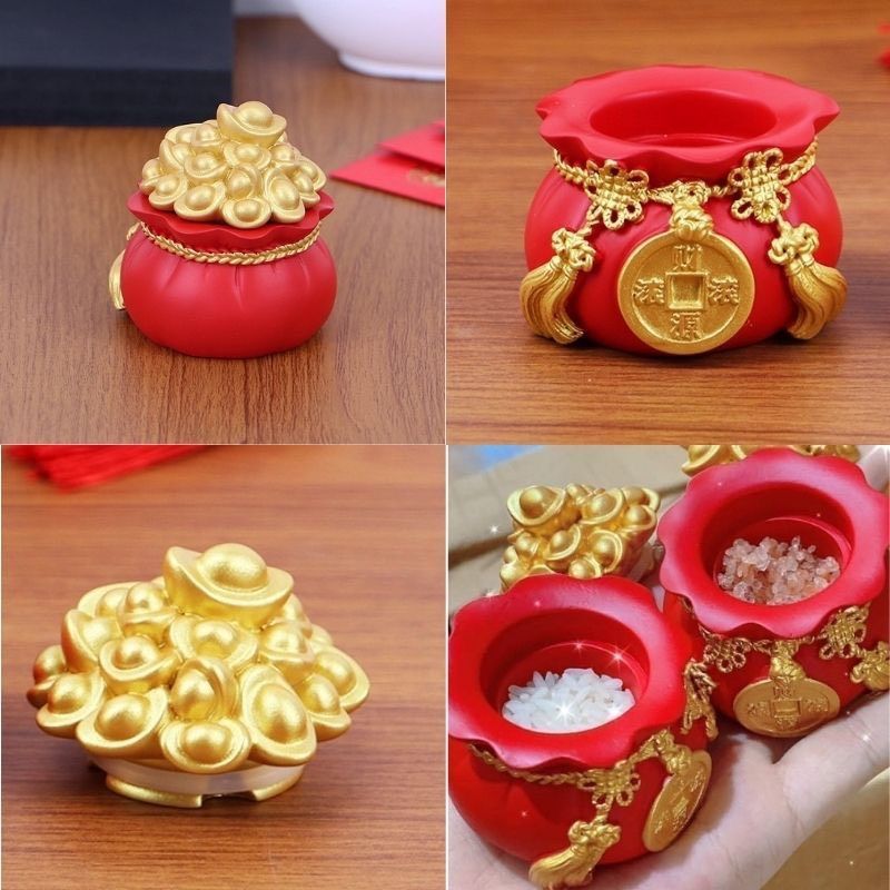 Bộ 3 Hũ Muối Gạo Tài Lộc May Mắn Bày Ban Thần Tài, Lọ Đựng Gạo, Muối Phong Thủy Hũ Vàng Chiêu Tài Lộ