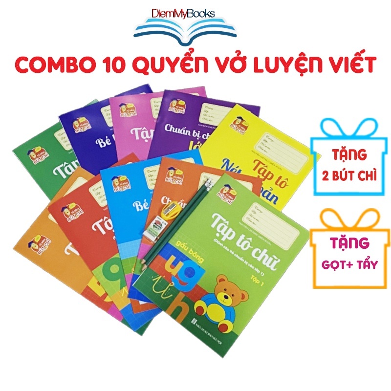 Sách- Bộ 10 Quyển Vở Luyện Viết Tập Tô Chữ Cho Bé Mẫu Giáo Từ 3 4 5 Tuổi Mầm Non Chữ Số To Tặng 2 Bút Chì Gọt Tẩy