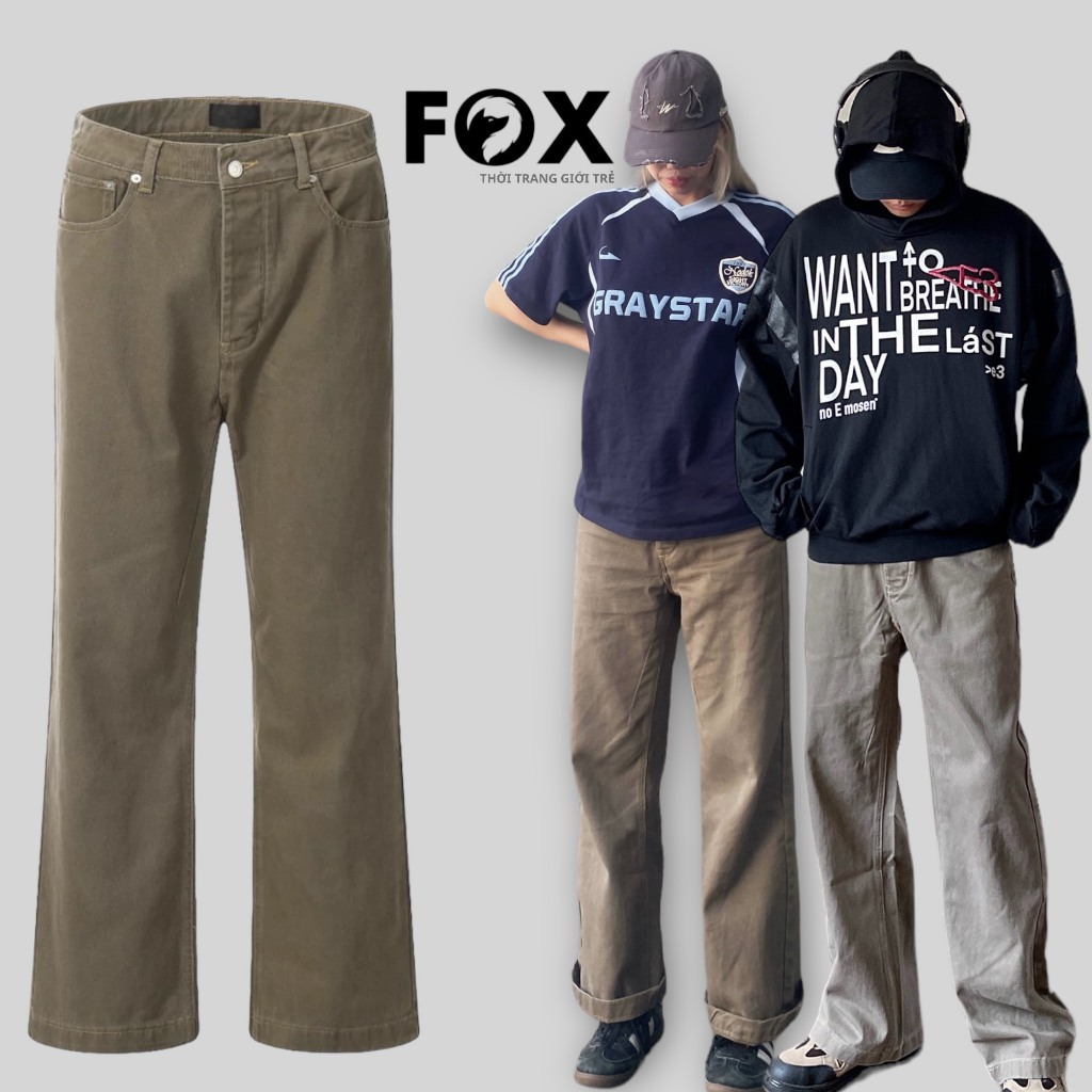 Fox Luxury I Quần jean ống rộng unisex, quần bò trơn ống suông màu cà phê và xanh đậm, chất jean dày dặn I JCF1