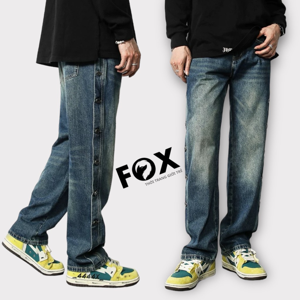 Fox Luxury I Quần jean ống rộng nam nữ màu xanh loang họa tiết cúc cách điệu 2 bên hông I JXCUC1