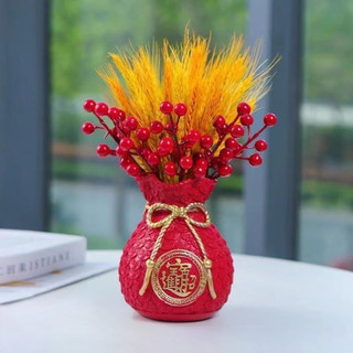 Bình hoa túi tiền Tết 2024, lọ 06 cành đào đông, bông lúa mạch mini giả trang trí, decor để bàn năm mới Nguyên Đán