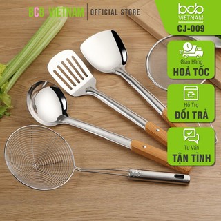 Combo Set 5 Món Xẻng Muôi Nấu Ăn Cán Ốp Gỗ Inox 304 Cao Cấp CJ-009