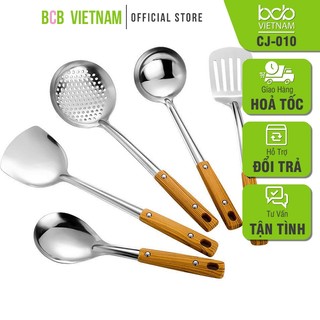 Combo Set 5 Món Xẻng Muôi Múc Cơm Canh Cán Ốp Gỗ Inox 304 Cao Cấp CJ-010