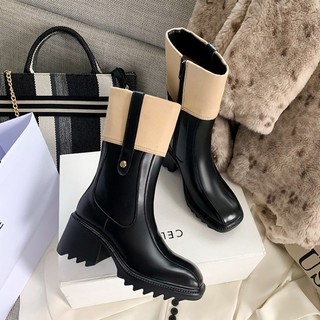 Bốt Lửng Cổ Lông Boot Martin Bốt Da Lộn Boot Cổ Cao Khóa Cạnh Gót Vuông 7 Phân Giày Đi Mưa (Sẵn Hàng)