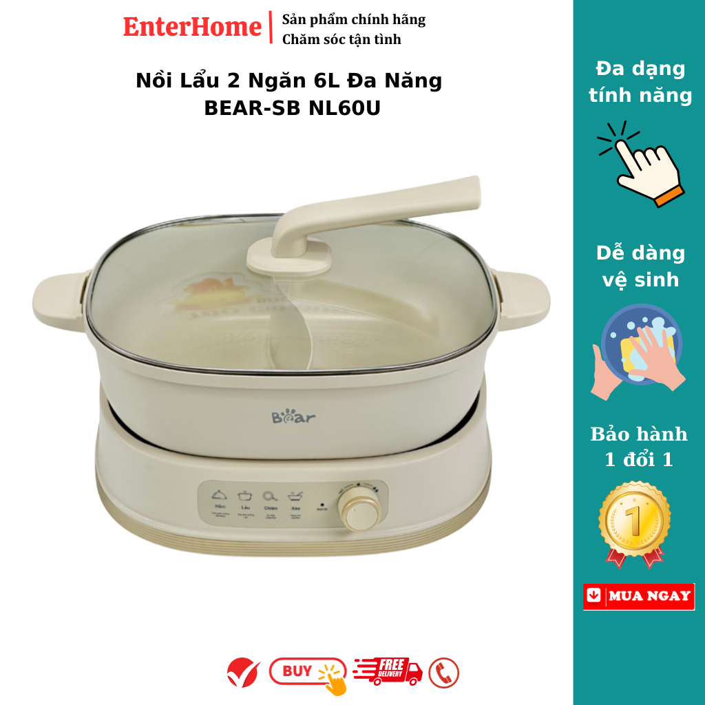 Nồi Lẩu 2 Ngăn 6L BEAR-SB NL60U, Nhiều Chế Độ Nấu Lẩu Hầm Ninh Chiên Rán Xào Chống Dính - BH 12 Thán