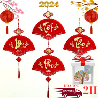 Liễng treo Tết, khánh quạt nhung đỏ chữ Phúc Lộc Thọ Tết 2024, dải dây liễn trang trí năm mới Giáp Thìn.