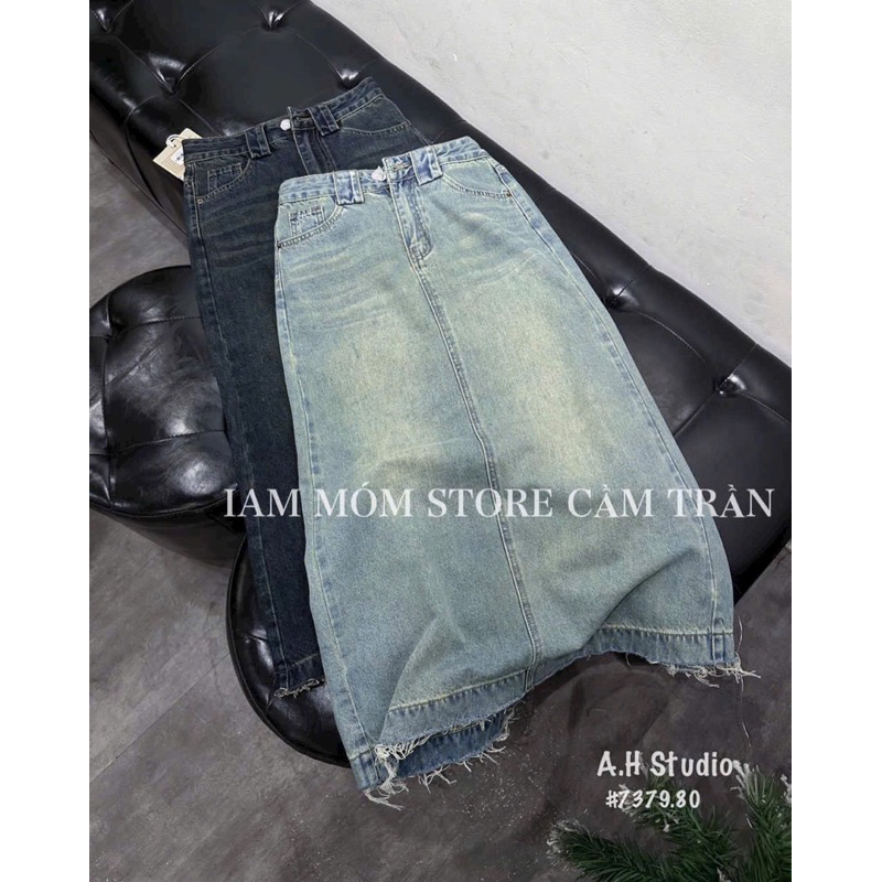 Chân váy jean lai phối tua rua, váy bò dáng dài lưng cao VIENS STORE