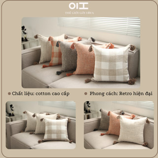 Gối sofa vỏ gối tựa lưng sofa vuông 45x45 vải lanh cotton cao cấp 2 mặt họa tiết phong cách Retro
