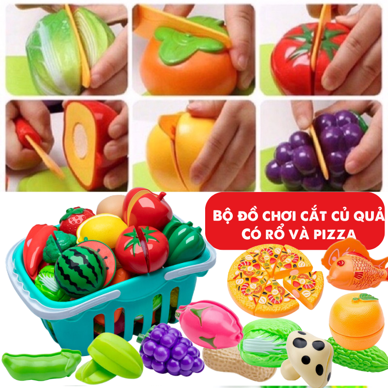 Đồ chơi cắt hoa quả - rau củ nhựa cho bé, bộ đồ chơi nấu ăn cho bé trai bé gái có bánh pizza, quà tặng sinh nhật cho bé
