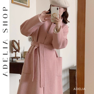 「adelia」áo khoác dạ ép lông dáng dài cổ 3 phân màu hồng nhẹ nhàng phối thắt đai td300