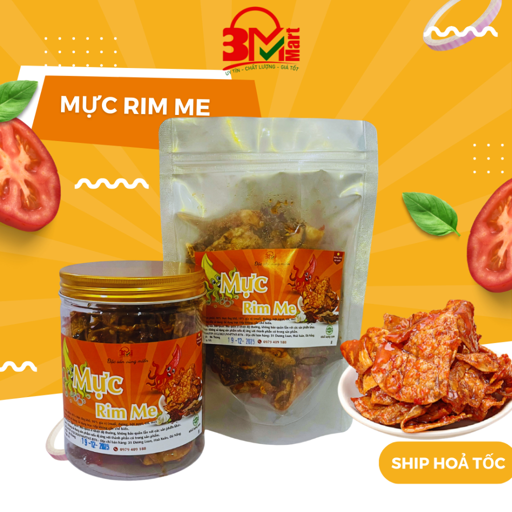 Mực rim me và rim sa tế nguyên con cay nhẹ đậm vị ngon, mực rim me Đầm Sen đặc sản Nha Trang 3M Mart VSATTP