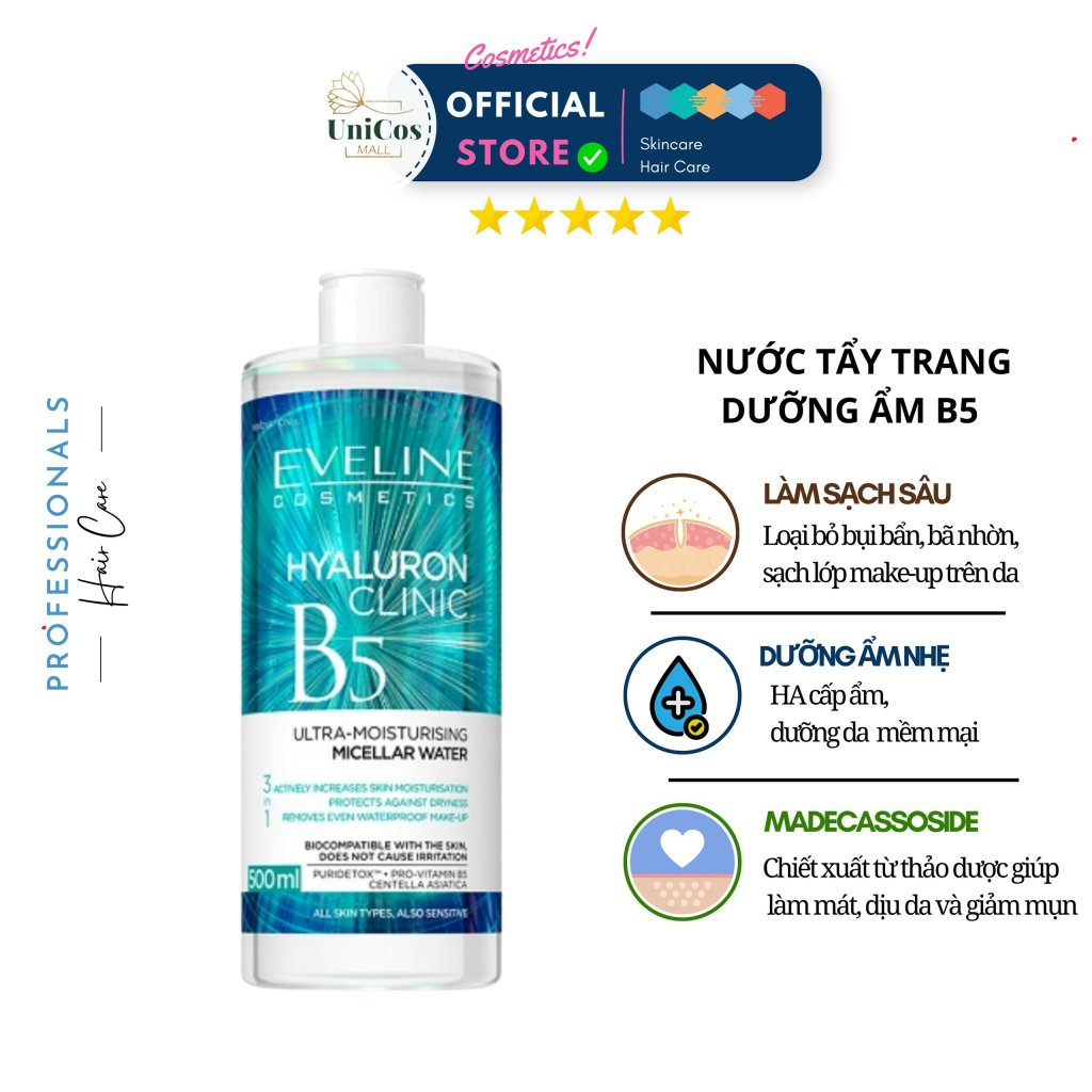 Eveline B5 Hyaluron Clinic B5 Tẩy Trang Dịu Nhẹ - Nước Tẩy Trang Loại Bỏ Bụi Bẩn Bã Nhờn - Tẩy Trang Eveline Lành Tính