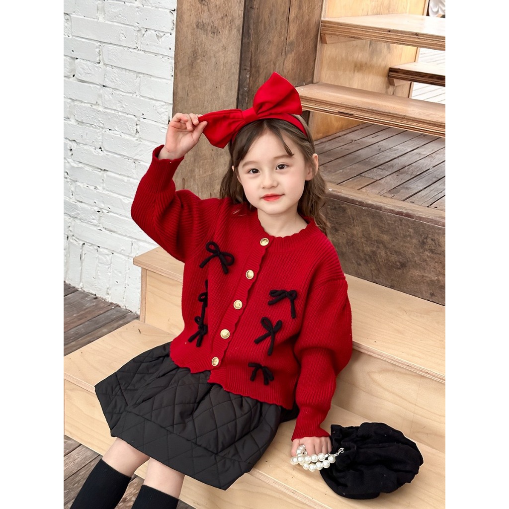 Áo len đỏ nơ + chân váy phao hãng ambbkids bé gái
