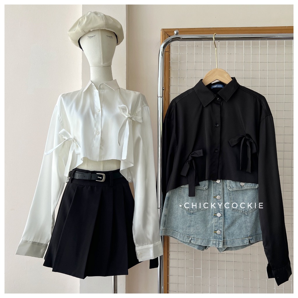 Áo sơ mi croptop phi bóng đính nơ
