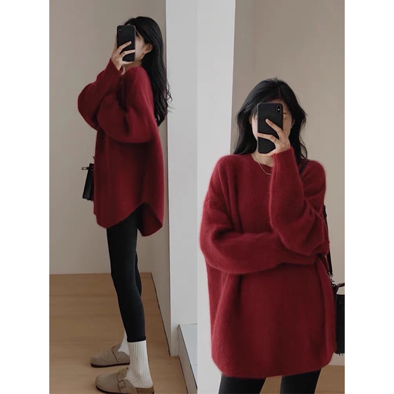 Áo len nữ cổ tròn đuôi tôm form rộng, Áo len xẻ tà nhiều màu hottrend hàng Quảng Châu