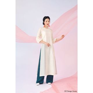 Áo dài OZ Design House AD31242TET22 organza khâu tay thêu sen màu trắng ngọc trai