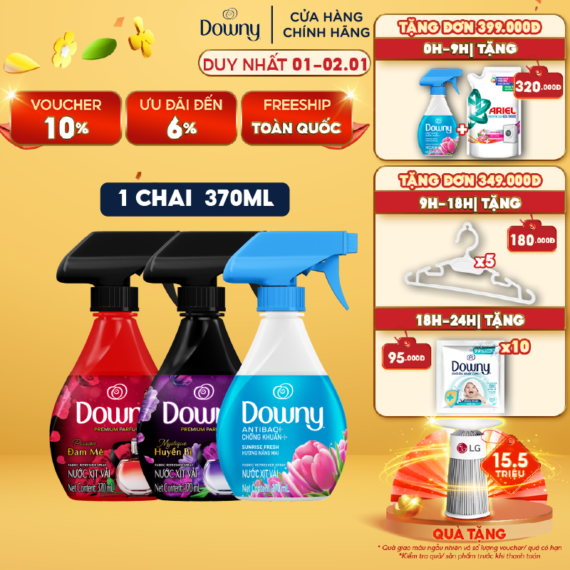 Xịt Vải DOWNY Khử Mùi Và Chống Khuẩn 99.9% Chai 370 ML Hương Nắng Mai/ Huyền Bí/ Đam Mê