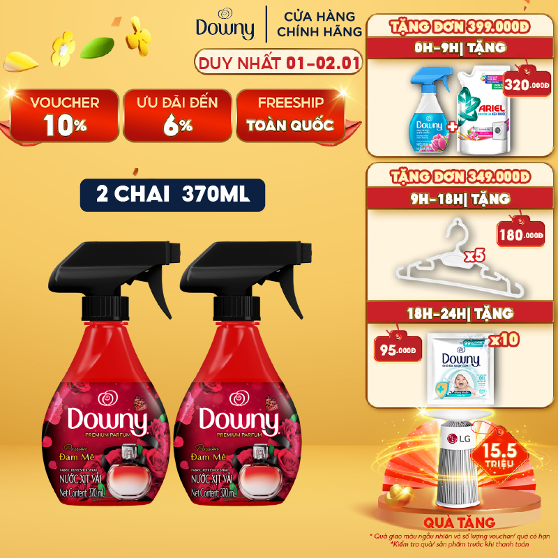 Combo 2 Chai Xịt Vải Downy Khử Mùi Và Chống Khuẩn 99.9% Hương Đam Mê 370Ml/Chai