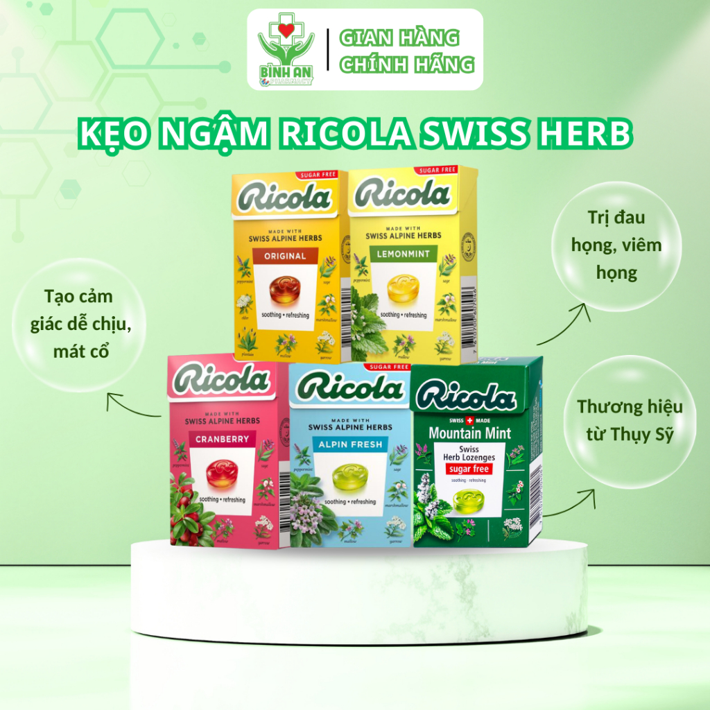 Kẹo ngậm ho thảo mộc Ricola 5 vị - Giảm ho, dịu mát họng, giảm đau rát cổ họng hộp giấy 40g - NT Bình An