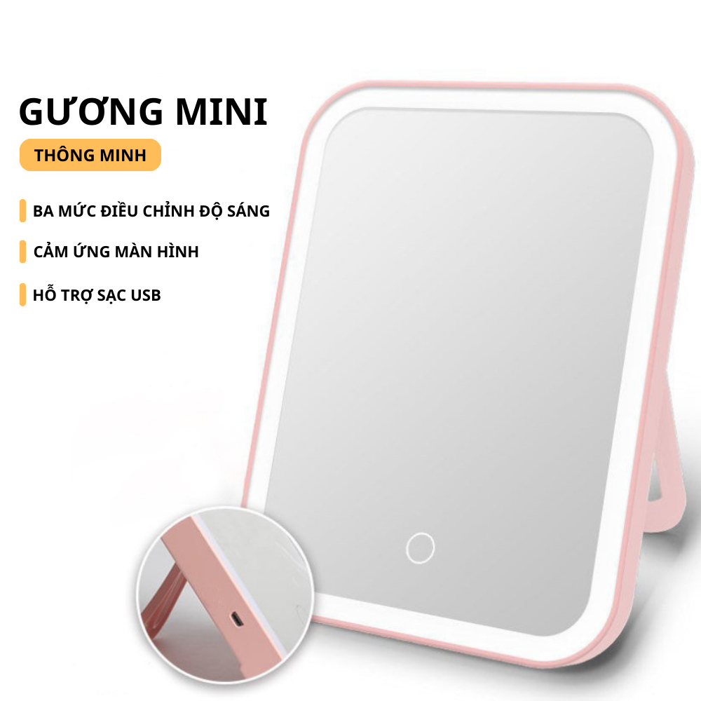 Gương Để Bàn Trang Điểm Có Đèn Led Cảm Ứng Gấp Gọn, Gương Trang Điểm Mini Để Bàn 3 Chế Độ LED Cảm Ứng Thông Minh