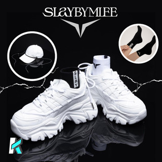 Combo set SLAY BY MLEE bao gồm Giày chunky all-white, mũ thời trang và tất