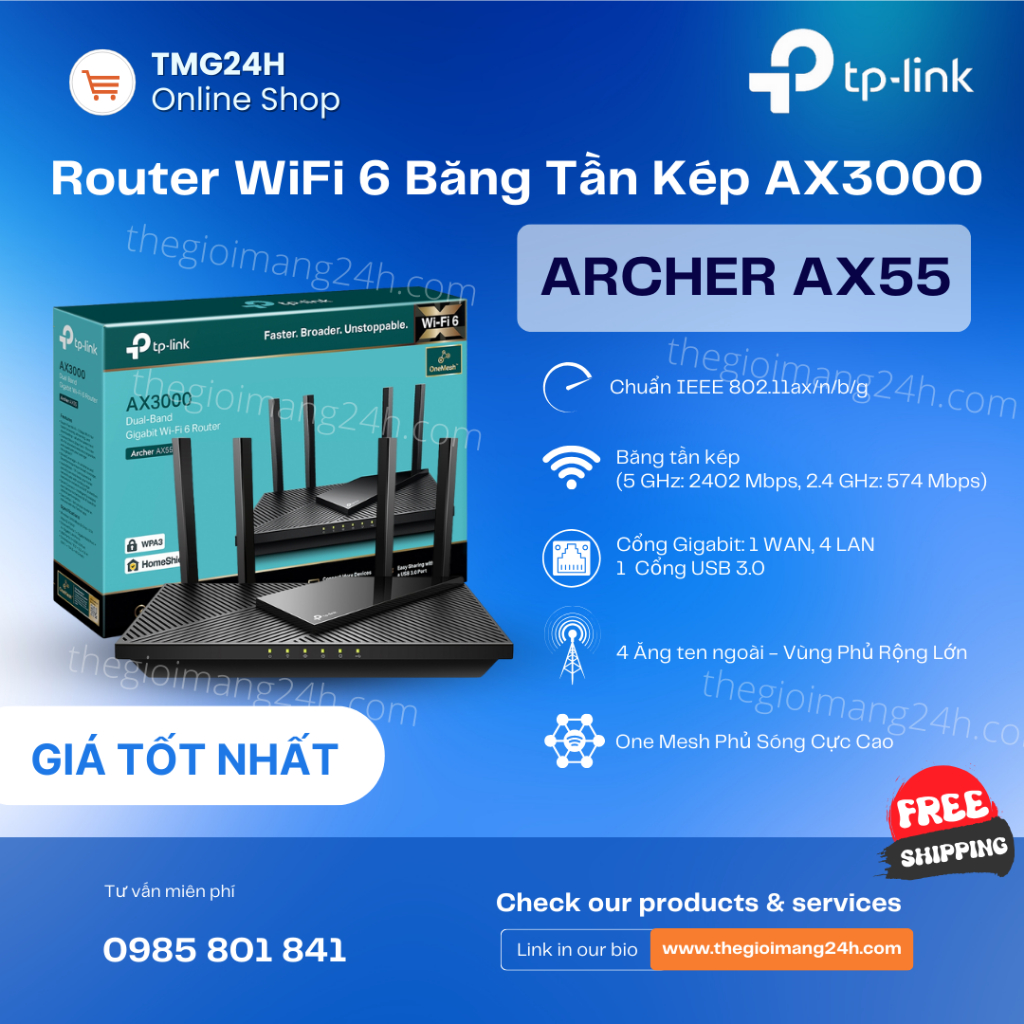 Bộ Phát Wifi TP-Link Archer AX55 Chuẩn Wi-Fi 6 AX3000 băng tần kép tốc độ cao. Hàng chính hãng