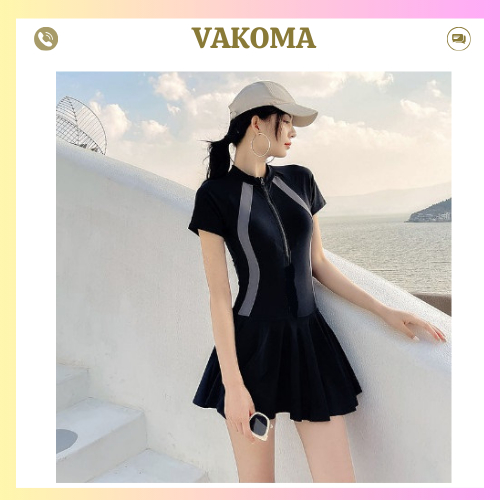 Bikini đồ bơi nữ liền mảnh form váy ngắn tay phối xám có quần trong học bơi đi biển kín đáo VAKOMA TT-138
