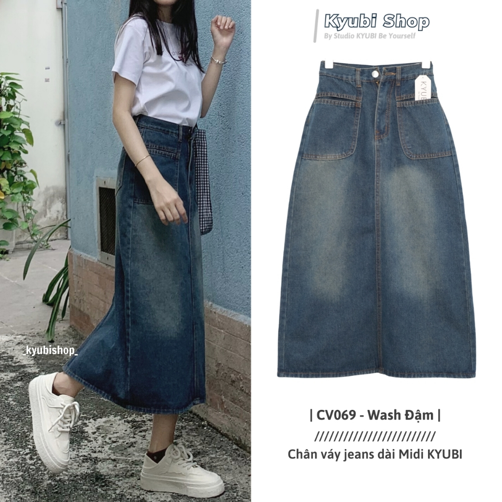Chân váy jean dài Kyubi midi phong cách ulzzang, chân váy dài tua gấu cạp cao tôn dáng CV063