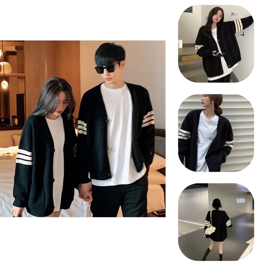 Áo khoác ngoài cardigan len Thom kẻ 3 sọc chuẩn Hàn Quốc, form unisex cho cả nam và nữ