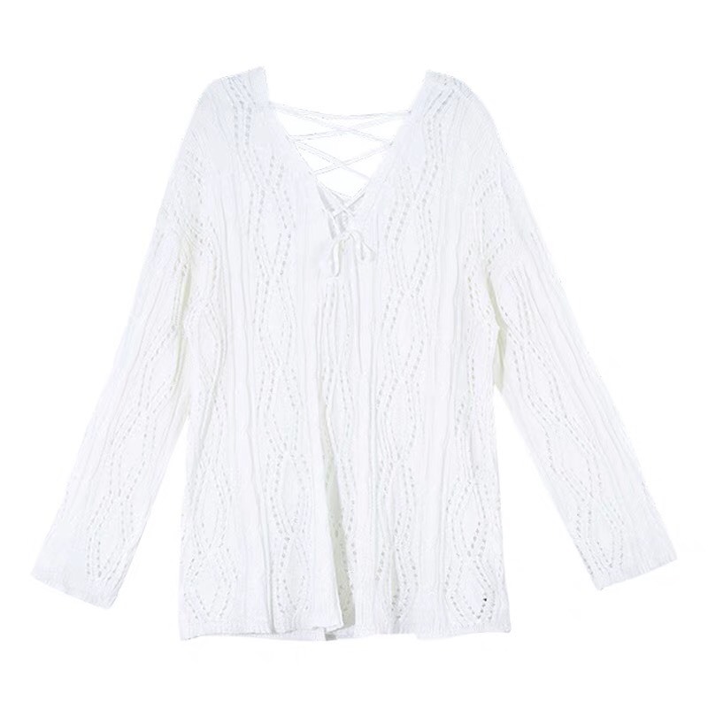 [Có sẵn] Áo dệt kim Yummy có dây thắt nơ, Áo lưới dài tay mặc ngoài bikini phong cách Hàn Quốc | BigBuy360 - bigbuy360.vn