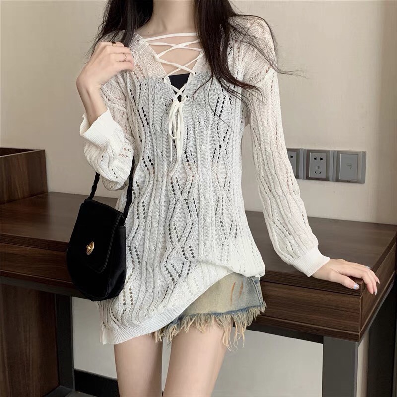 [Có sẵn] Áo dệt kim Yummy có dây thắt nơ, Áo lưới dài tay mặc ngoài bikini phong cách Hàn Quốc | BigBuy360 - bigbuy360.vn