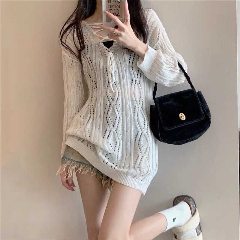 [Có sẵn] Áo dệt kim Yummy có dây thắt nơ, Áo lưới dài tay mặc ngoài bikini phong cách Hàn Quốc | BigBuy360 - bigbuy360.vn