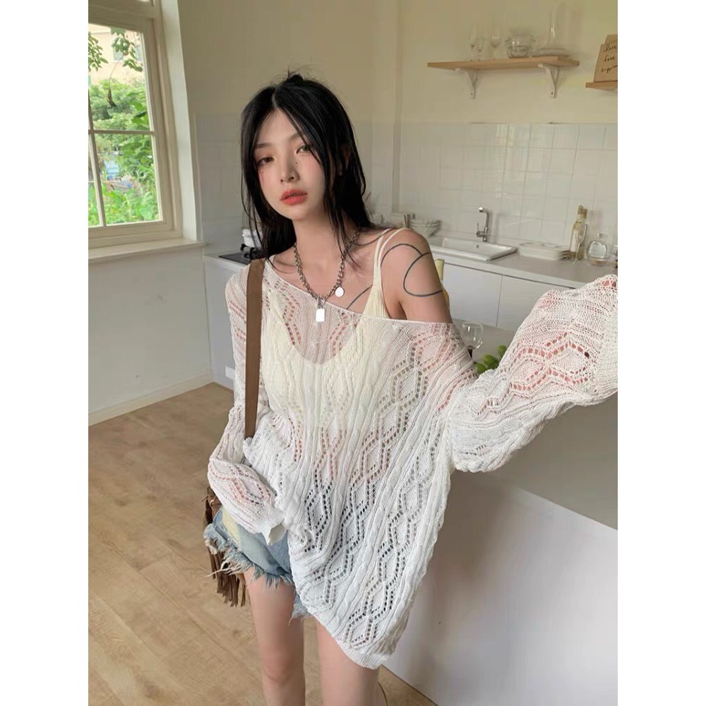 [Có sẵn] Áo dệt kim Yummy có dây thắt nơ, Áo lưới dài tay mặc ngoài bikini phong cách Hàn Quốc | BigBuy360 - bigbuy360.vn