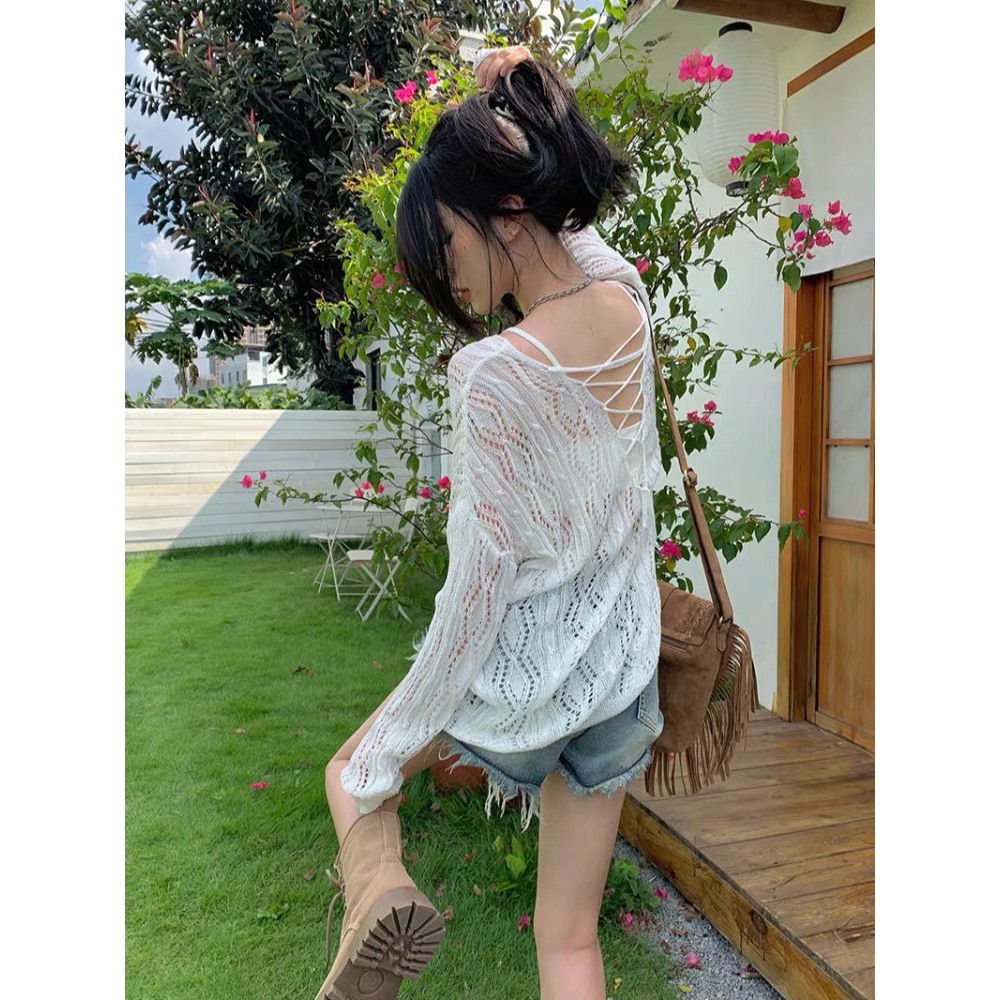 [Có sẵn] Áo dệt kim Yummy có dây thắt nơ, Áo lưới dài tay mặc ngoài bikini phong cách Hàn Quốc | BigBuy360 - bigbuy360.vn