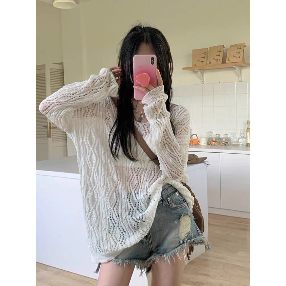 [Có sẵn] Áo dệt kim Yummy có dây thắt nơ, Áo lưới dài tay mặc ngoài bikini phong cách Hàn Quốc | BigBuy360 - bigbuy360.vn