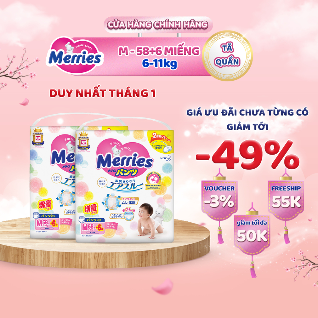  Thùng 2 Tã quần Merries cộng miếng size M64